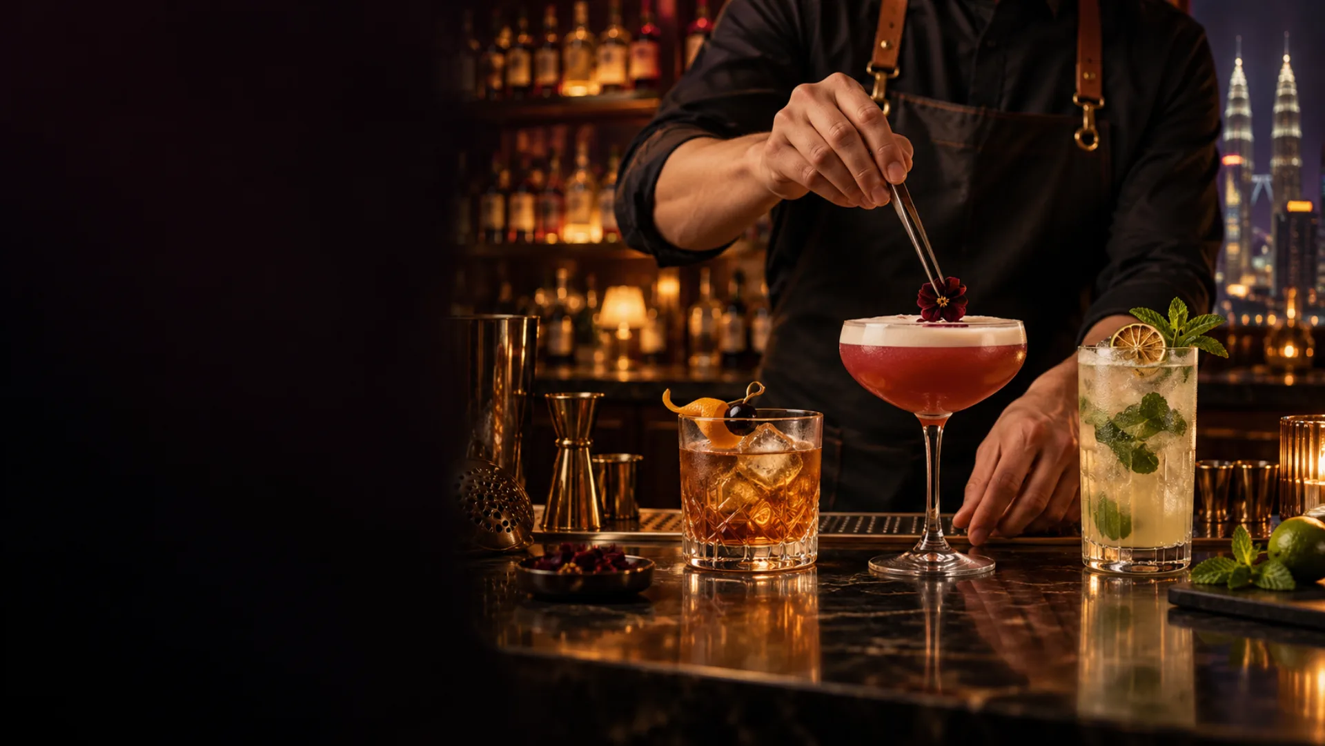 Concept visual of a bartender finishing three classic cocktails at a dark bar