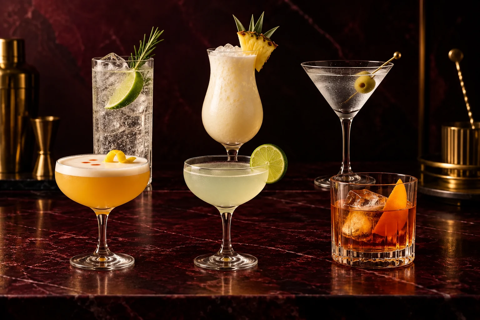 Six classic cocktails: Gin Tonic, Piña Colada, Whisky Sour, Gimlet, Old Fashioned and Martini