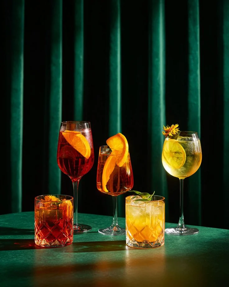 Five finished cocktails showing different styles and structures
